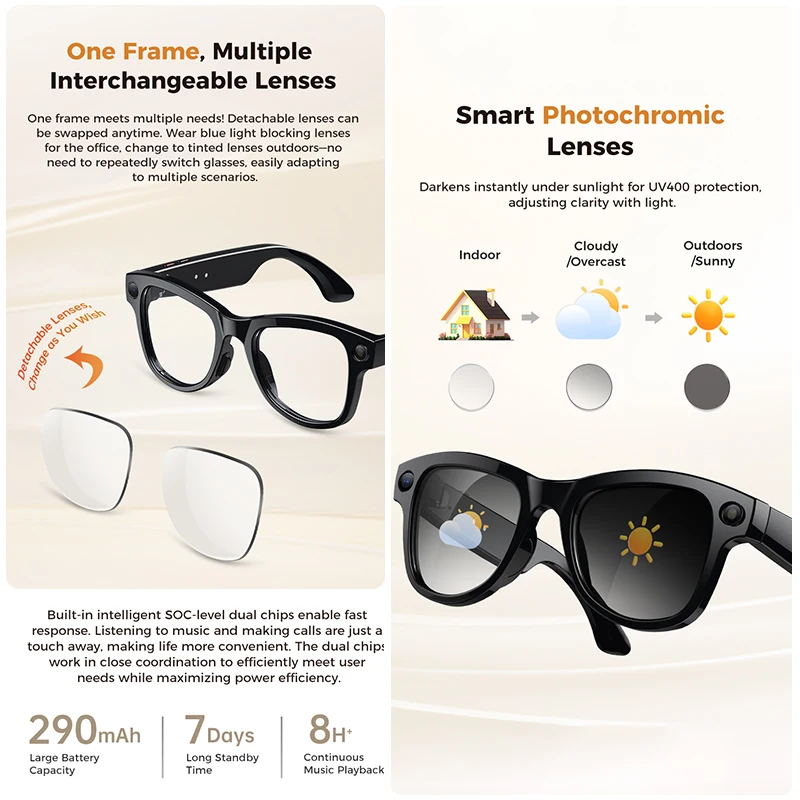 2026 4K HD AI النظارات الذكية 32GB تخزين 800MP كاميرا WiFi نقل BT دعوة الدردشة GPT مساعد الصوت مع علبة شحن 3600mAh #4