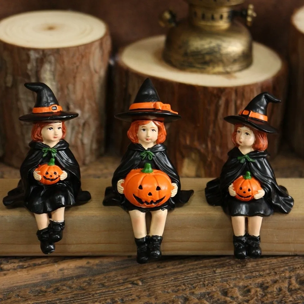 3pcs Funny Cute Witch Holding Pumpkin Statue Handmade Resin Crafts Halloween Statue Decoration Pumpkin Witch Figurine Bookshelf