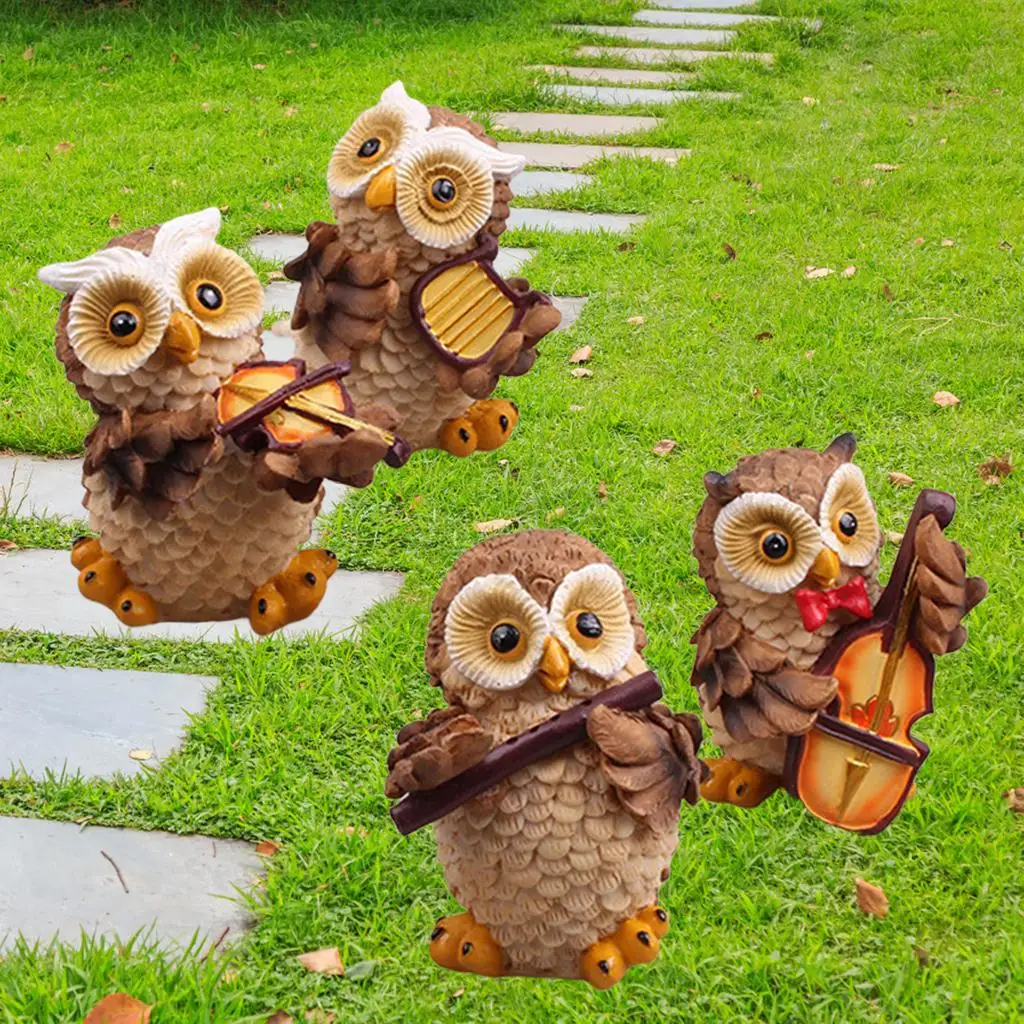 4Pce Owl Playing Music Statue Garden Animal Sculpture Kit Yard Lawn Decor