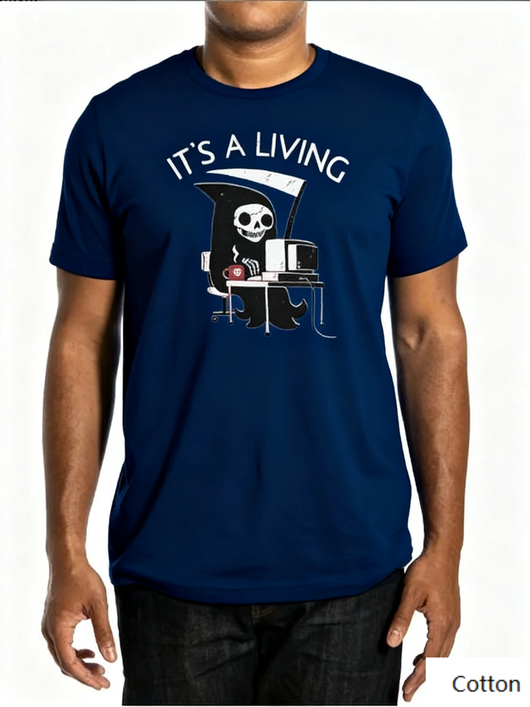 

Nostalgic Office Grim Reaper “It's A Living” Cotton Crew Neck T Shirt with A Creative Print of A Grim Reaper, Desk, Computer