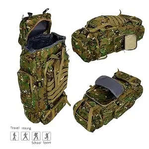 Text reads 'Travel Hiking School Sport'. Large military-style camouflage backpack shown from three angles, featuring digital woodland pattern, multiple compartments, and tactical straps.