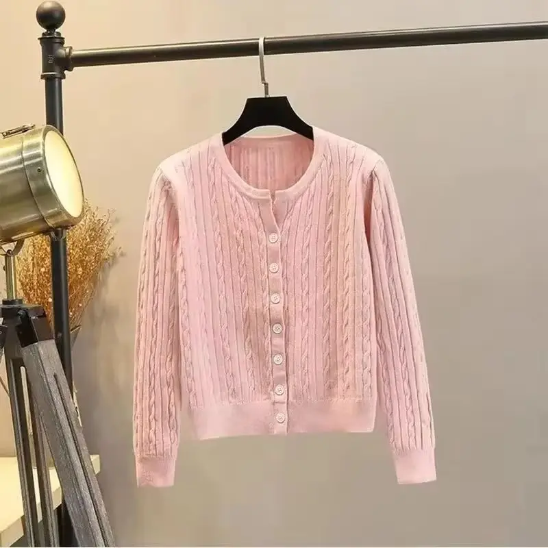 

PinkO-Neck Collar Twists Knitted Cardigan Sweater Women 2025Autumn Winter New Casual Loose Long Sleeved Base Sweater Female Tops