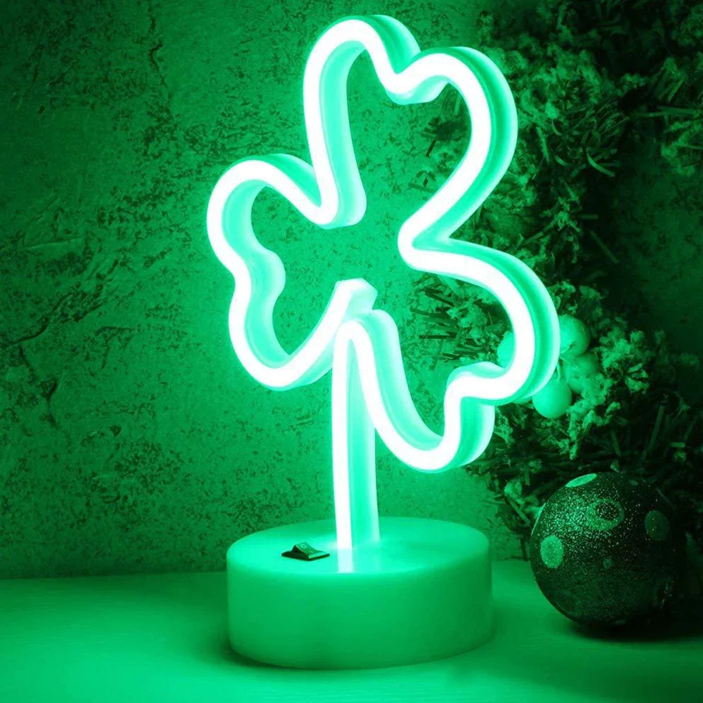 Shamrock 데스크탑 네온 나뭇잎 모양 램프, 행운의 LED 네온 사인, 어린이 아기 침실 크리스마스 장식, 녹색 클로버 베이스