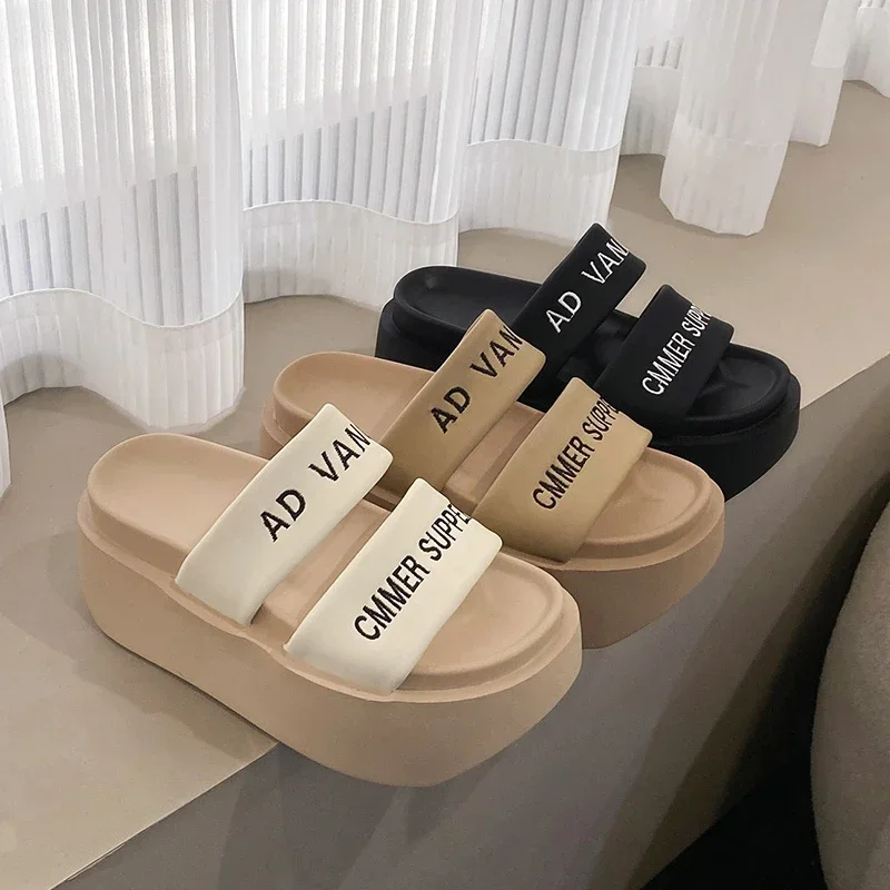 Summer 2023 Chunky Sandals Women\'s Thick Bottom Wedge Heels Slides 8CM High Heels Platform Leather Casual Beach Flip Flops Woman