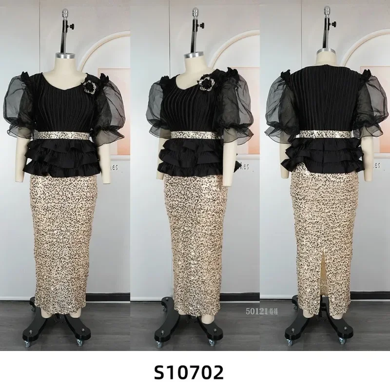 Women's V-Neck Sequin Dress with 3D Floral Puff Sleeves Peplum Waist Belted Luxury Evening Gown for Party Wedding Guests