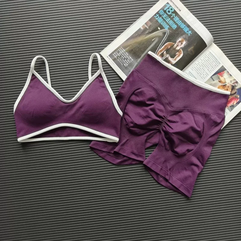 Women 2 Piece Workout Set Built In Bra High Waist Shorts Seamless Tummy Control Quick Dry Gym Yoga Activewear