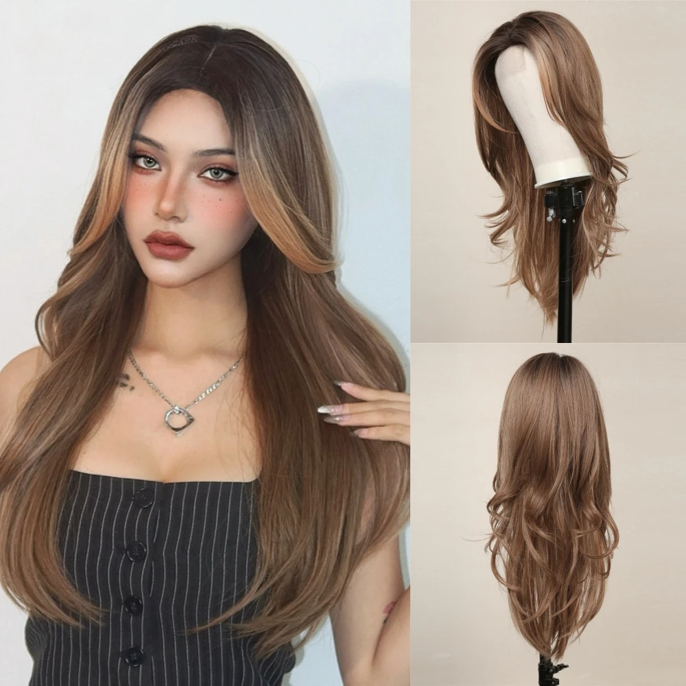 

Lace Hairline Natural Brown with Blonde Highlight Women Daily Party Heat Resistant Wigs