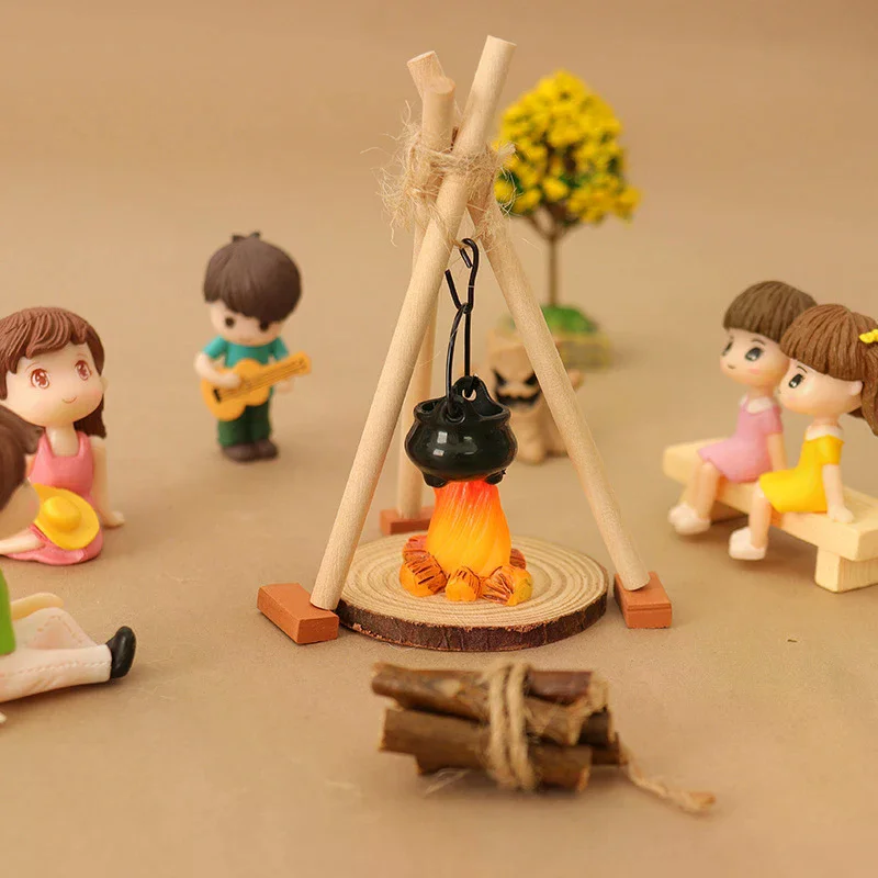 1 Juego de microadornos de paisaje de jardín, casa de muñecas 1:12, modelo de escena de fogata para acampar, adorno de hoguera en miniatura, accesorios DIY