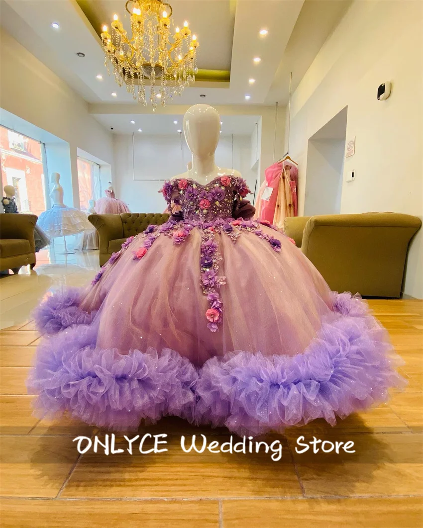 

Luxury Purple Flower Girl Dress Floral Applique Crystal Pearls Pageant Ruffle Wedding Dress Birthday Party With Bow Customized