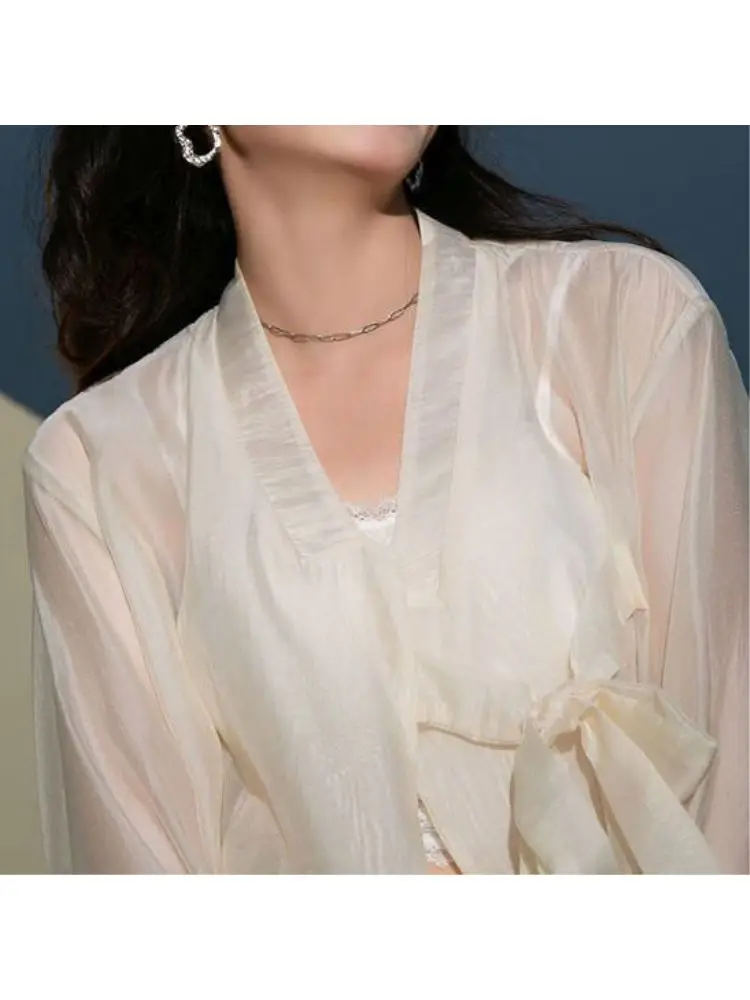 Spring Summer Hanfu Sle V-Ne Long Sve Translucent Chiffon Open Cardigan Sunade Outerwear Belted Fre Sle Women's ...