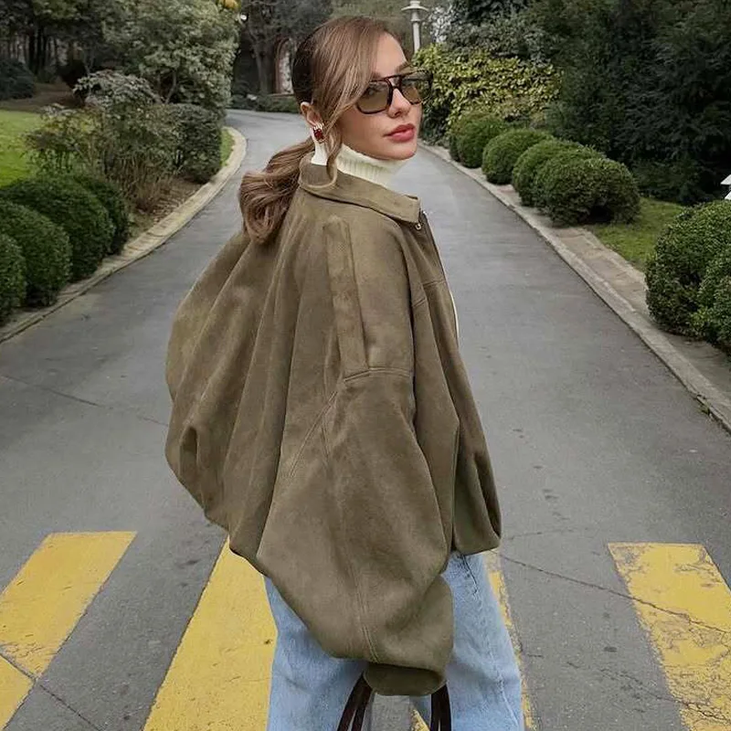 2026 New Fashion Spring and Autumn Style Women's Pilot suede Jacket Bat Sleeve Zipper Casual Top Street Style Racing Jacket