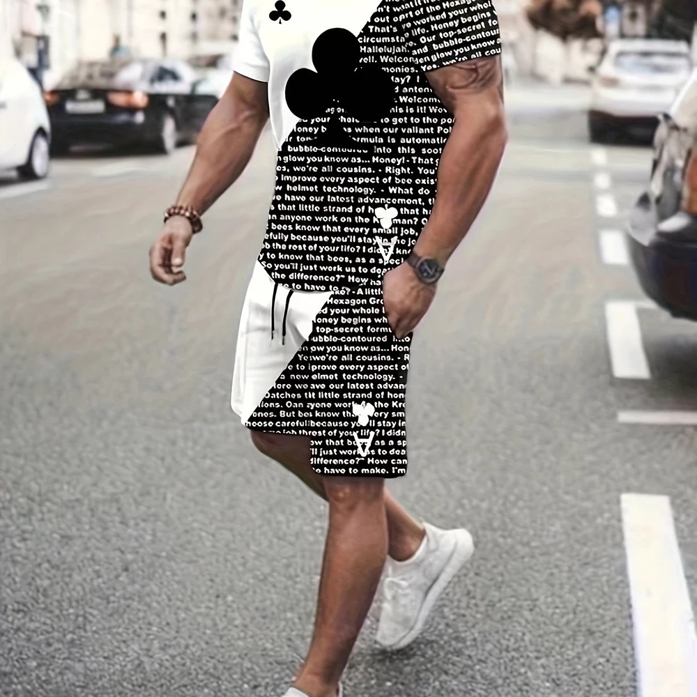 2025 New Men's Summer Leisure Sports Running Set Refreshing Top Style 3D Poker Pattern Fashion Set