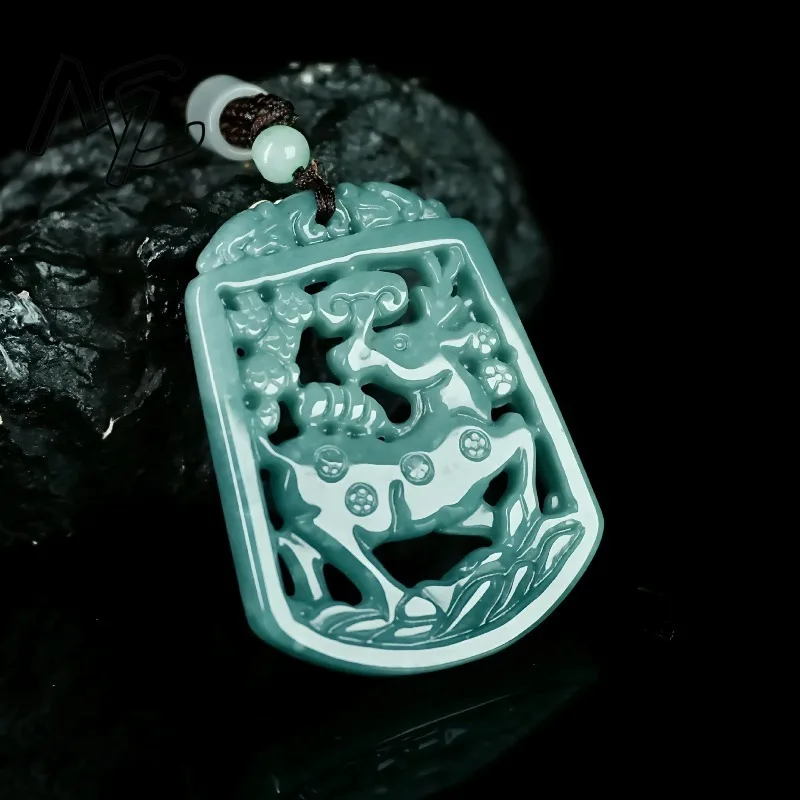 Blue Water Emerald Burmese A Emerald Jade Sika Deer Pendant Amulets Jewelry fashion Certificate Gifts for Women Men Natural 3