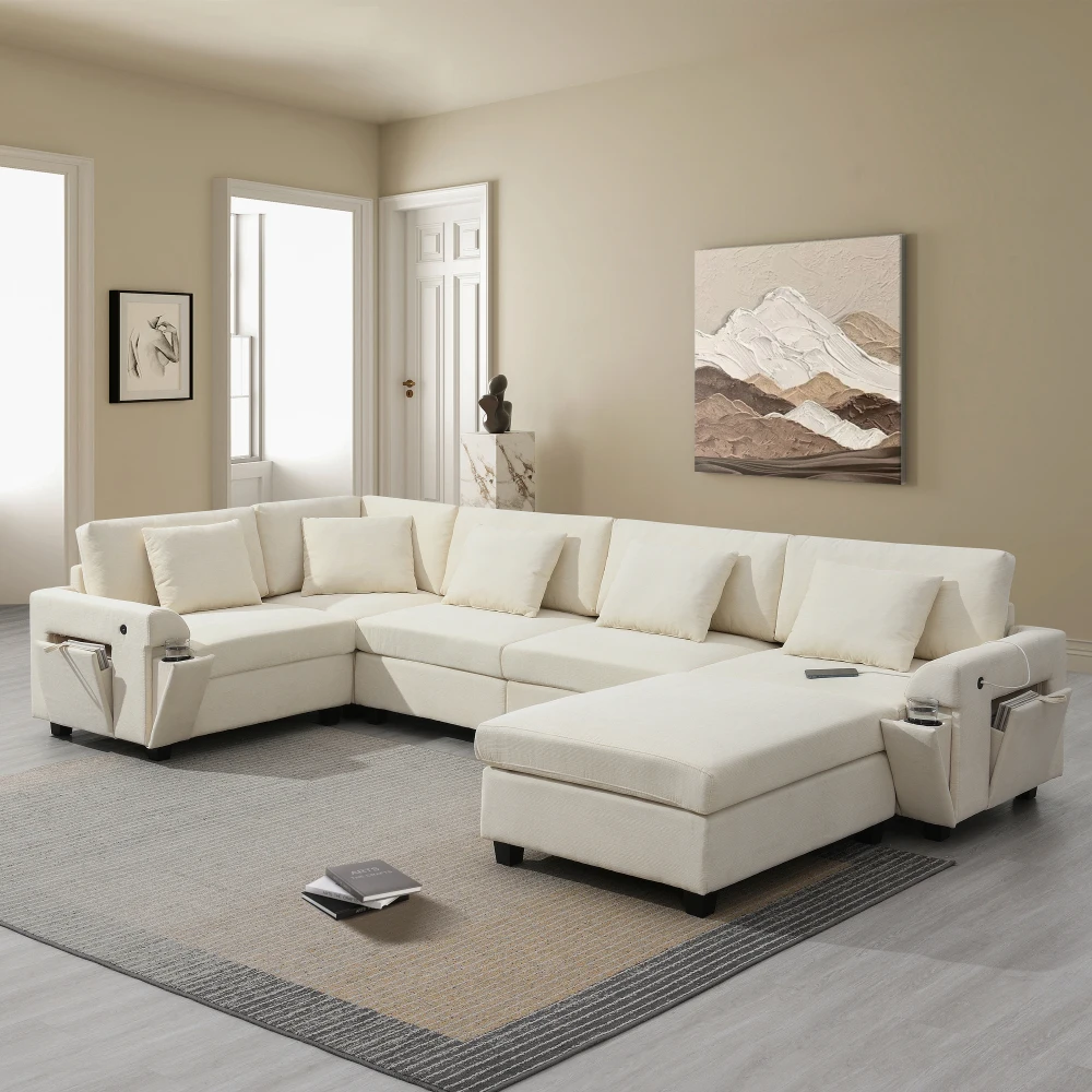 U-Shaped Sectional Sofa, 6-Seat Chenille Couch with Oversized Ottoman, Hidden Armrest Storage, Cup Holders & USB Charging Ports