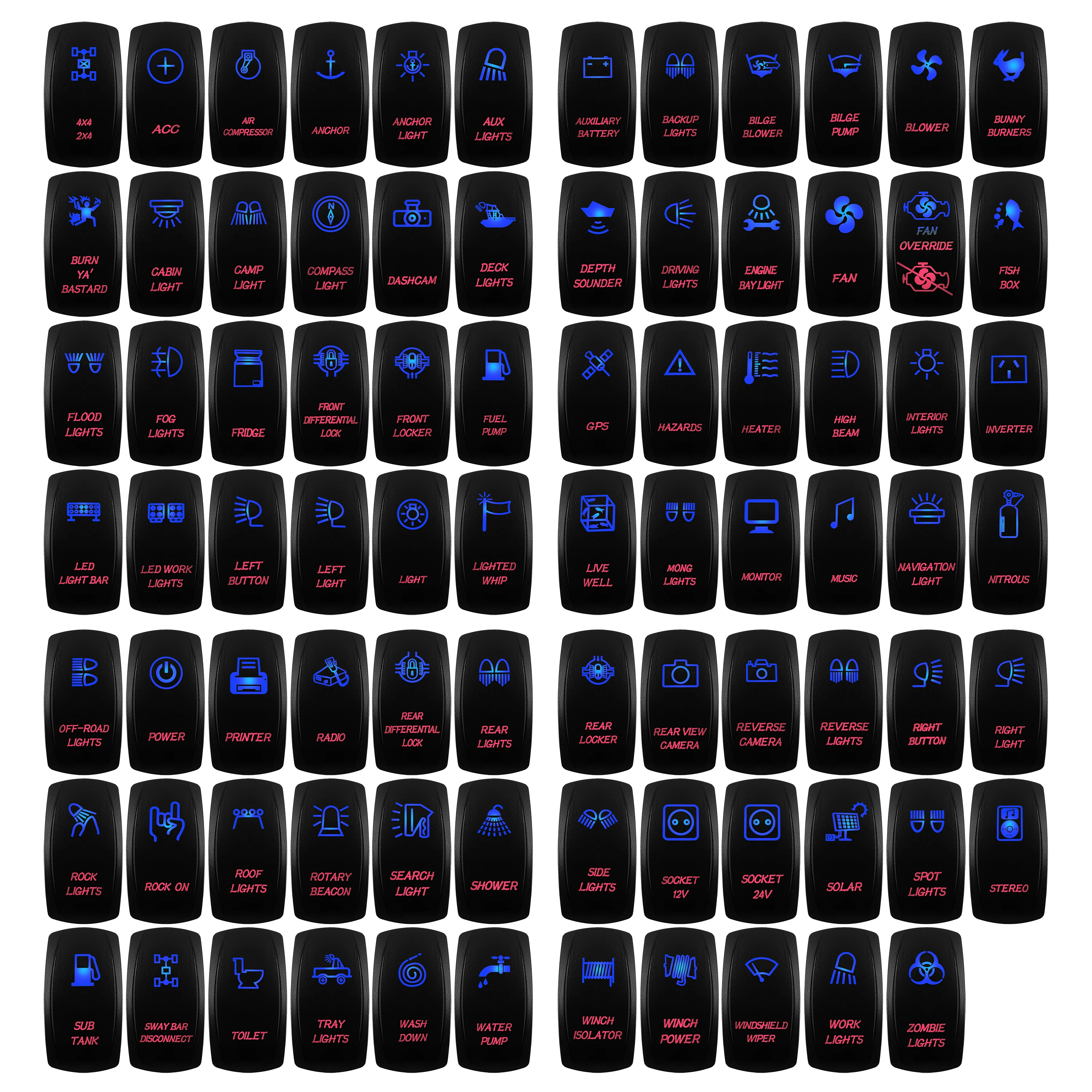 Blue & Red Led Rocker Switch Waterproof 5Pin SPST On/Off 12V/24V Underwater Light Defog A/C for Car Boat Truck RV Boat Off Road