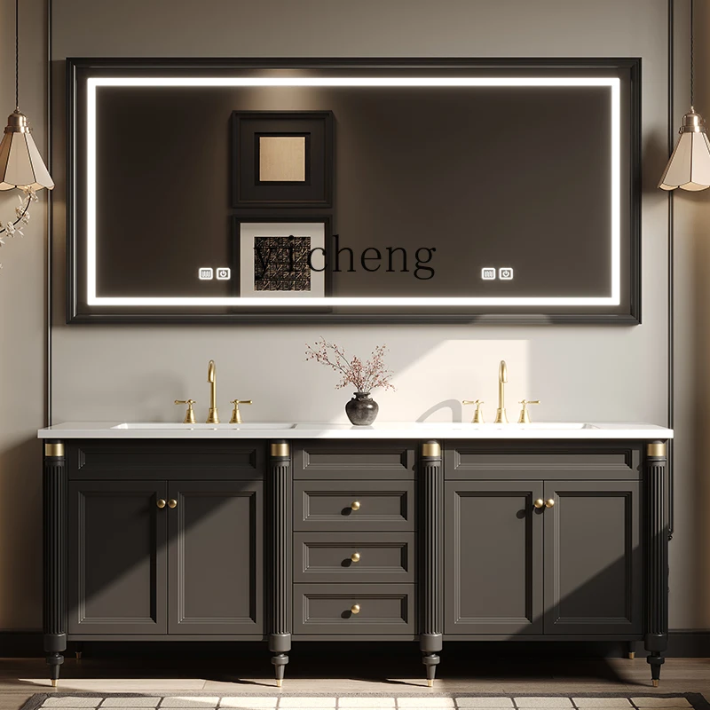 YFY  retro oak floor-to-ceiling double basin bathroom cabinet combined bathroom wash basin cabinet