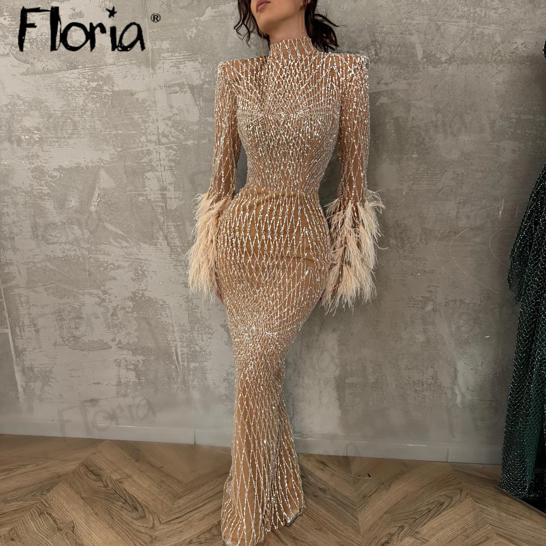 Solid Gold Beaded Evening Dress Dubai Plus Size Muslim Formal Prom Gowns For Occasion 2024 Women Champagne Wedding Party Gowns