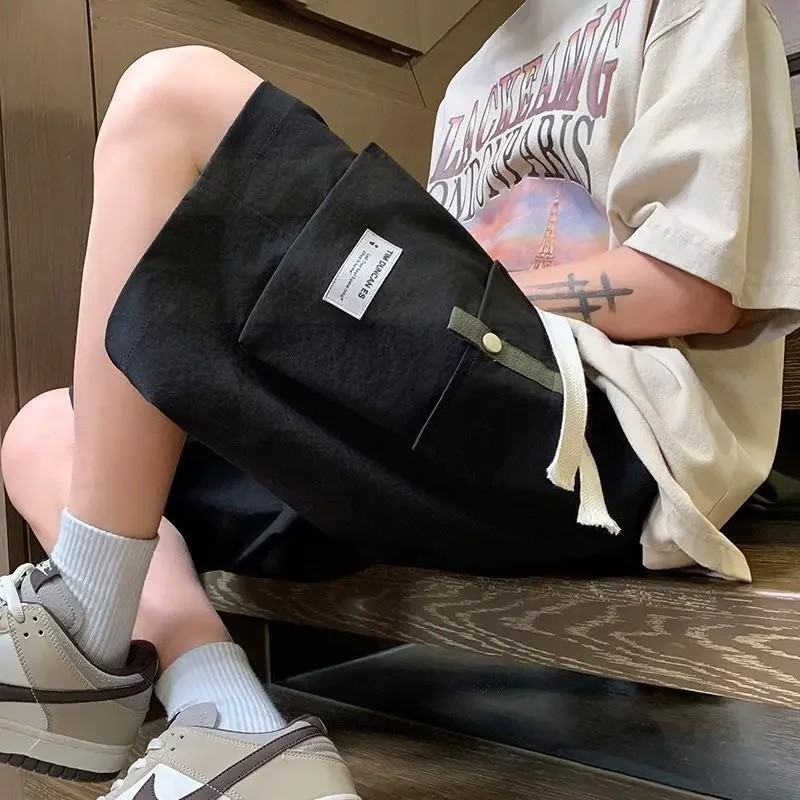 Com bolsos baggy sólido longo cintura elástica tamanho grande solto largo metade bermuda draw string masculino calças curtas oversize y2k harajuku