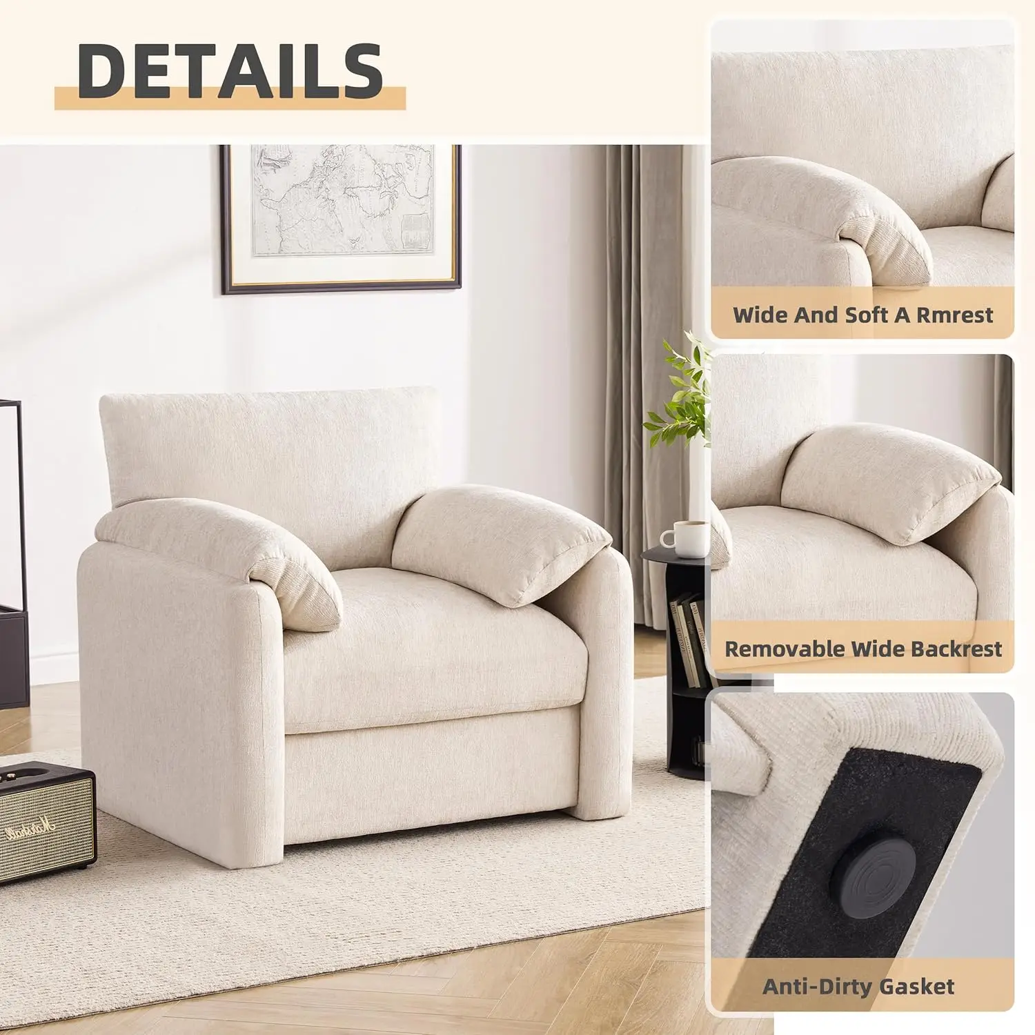 Chenille Übergroßer Sessel, 98 cm Breite Akzentstühle für Wohnzimmer & Schlafzimmer Moderner Loungesessel, Individuell Anpassbar