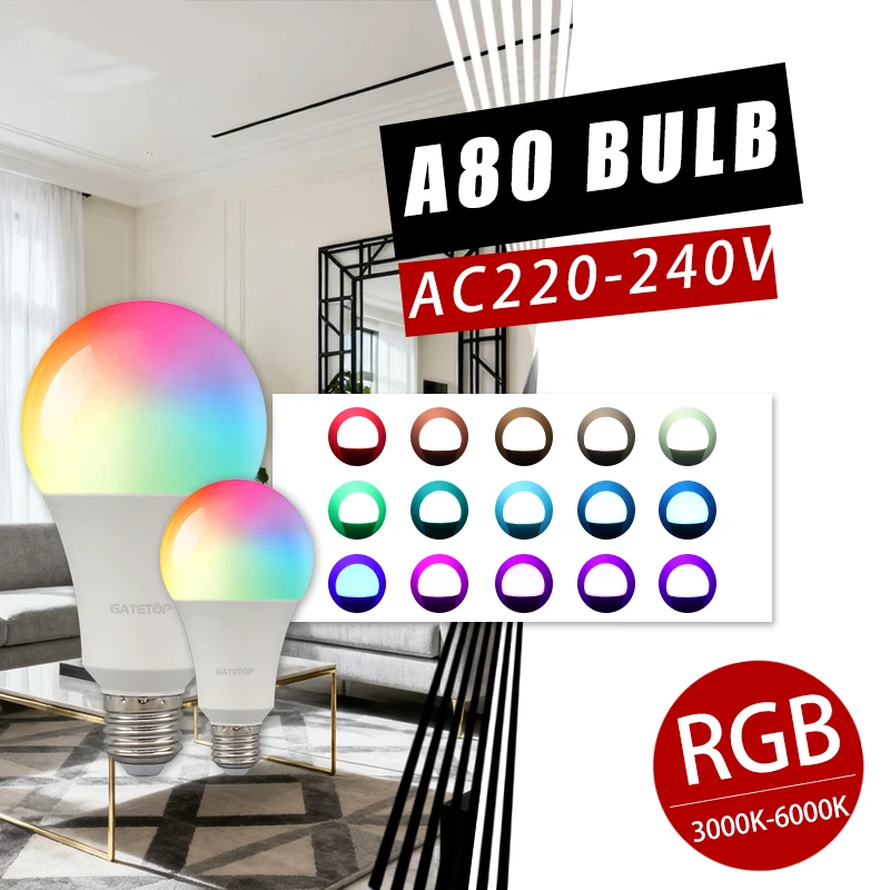 1-10PCS A80 Super Bright 20W RGB LED Bulb Lamp 24 Key Remote Control Dimmable AC220V Colorful Change for Bedroom LivingRoom Home