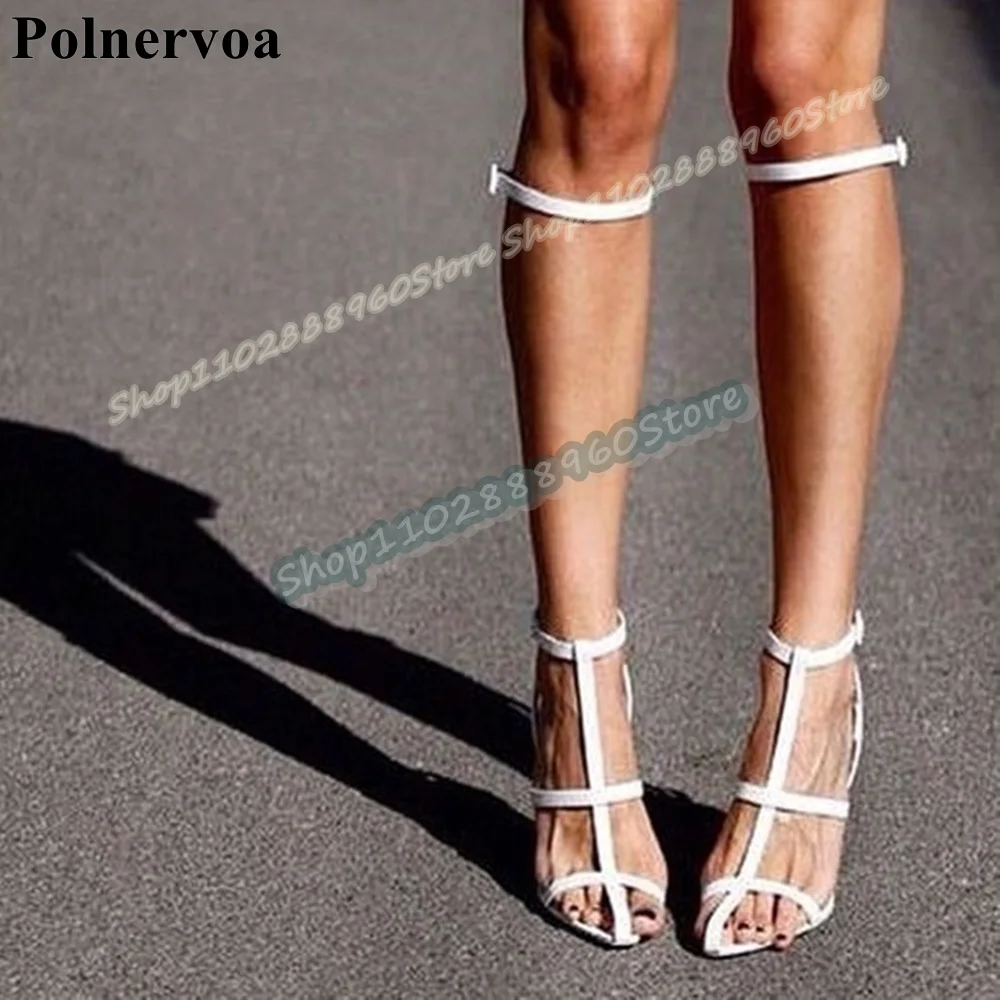 الركبة عالية الأبيض الجلود T حزام الصنادل رقيقة أحذية عالية الكعب للنساء مشبك حزام أشار تو أنيق Zapatos Para Mujere #2