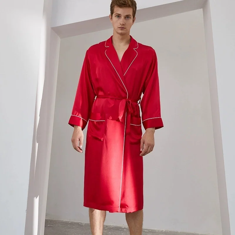 

Men's Long-Sleeve 100% Mulberry Silk Robe - 19 Momme, Suitable for Summer & Autumn, Tie-Waist Loungewear