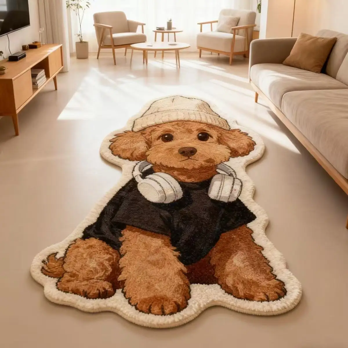 VIKAMA Cool Teddy Dog Headphone Outfit Shaped Rug Non Slip Washable Plush Floor Mat Funny Bedroom Pet Lover Decor Rug