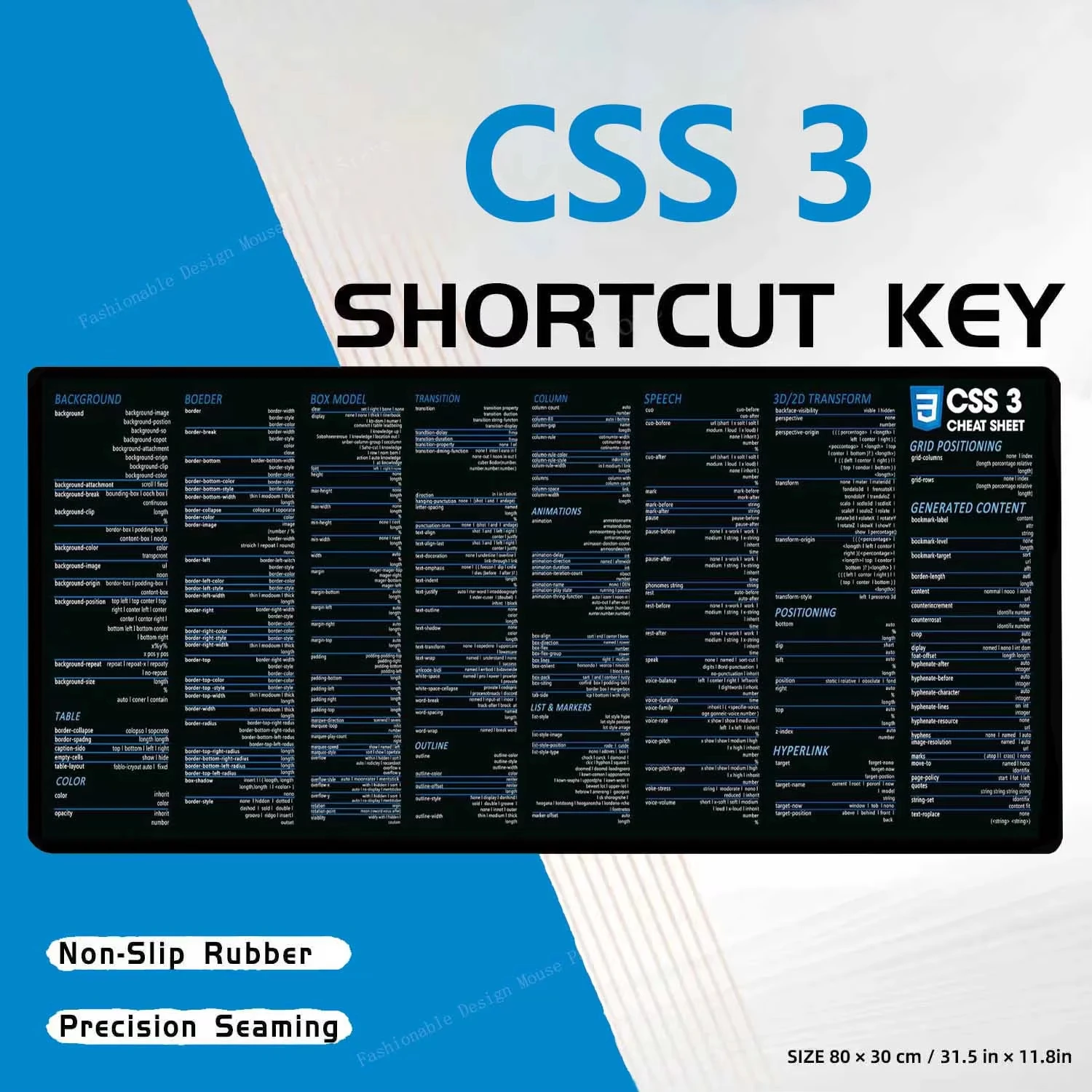 For CSS 3 Cheat Sheet Mouse Pad Oversize Offices Accessories Non-Slip Offices PC Desktop Mat Mousepad Office User Stitched Edges