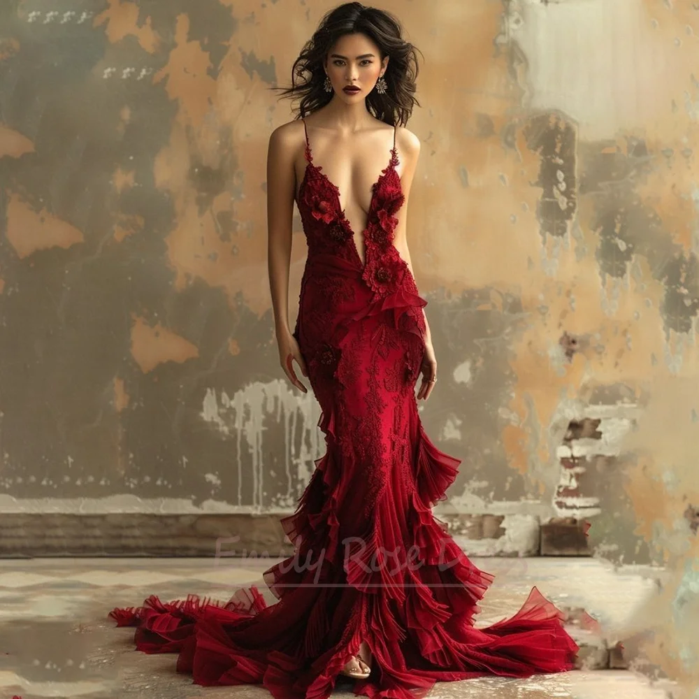 

Роскошное красное вечернее платье с глубоким v-образным вырезом и кружевным цветком для женщин, платья русалки без рукавов с оборками для выпускного вечера, элитные платья Vestidos De Festa