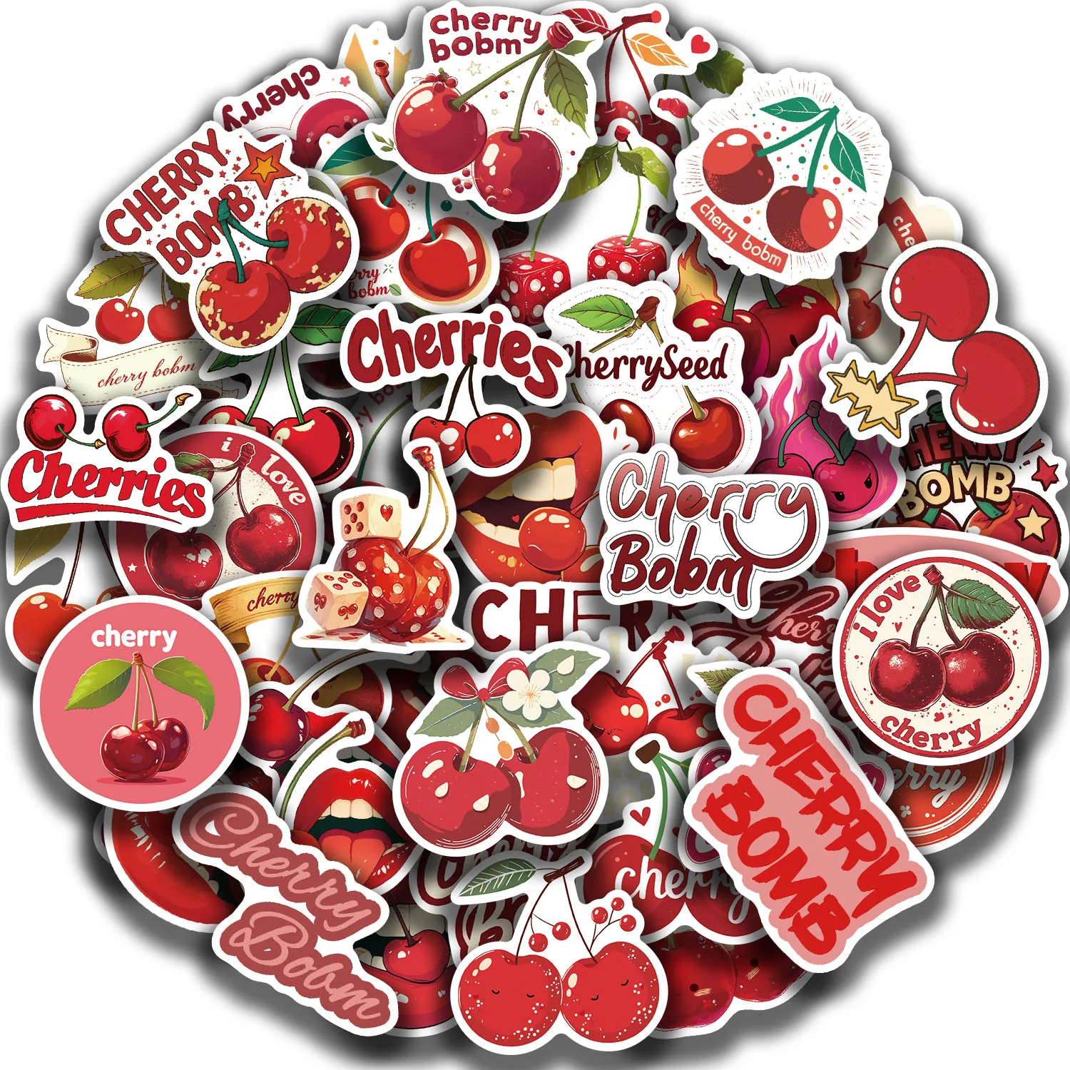 50PCS Red Cherry Graffiti Stickers For Notebook Water Cup Suitcase Guitar Scrapbook Waterproof PVC Classic Decal Decorate