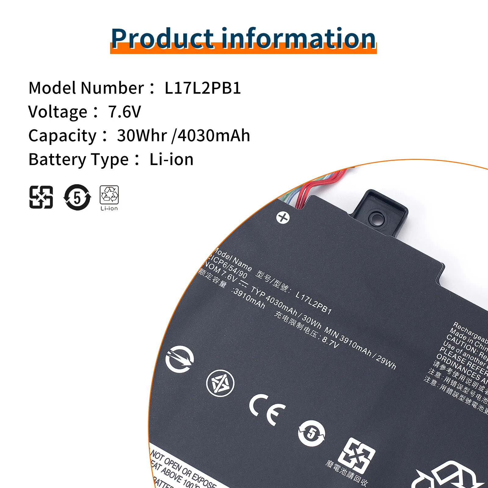 Bateria do portátil para Lenovo, L17C2PB2, V330-14IKB, 14ARR, V130-14IGM, 14IKB, L17L2PB1, L17L2PB2, L17M2PB1, L17C2PB2