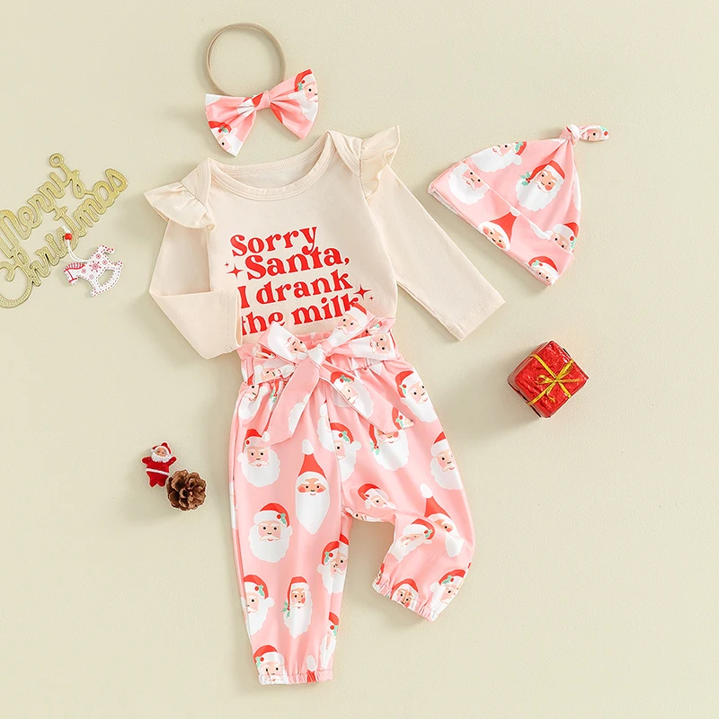 

Newborn Baby Girl Christmas Outfit Long Sleeve Ruffle Romper Cookie Milk Flared Pants Headband Set