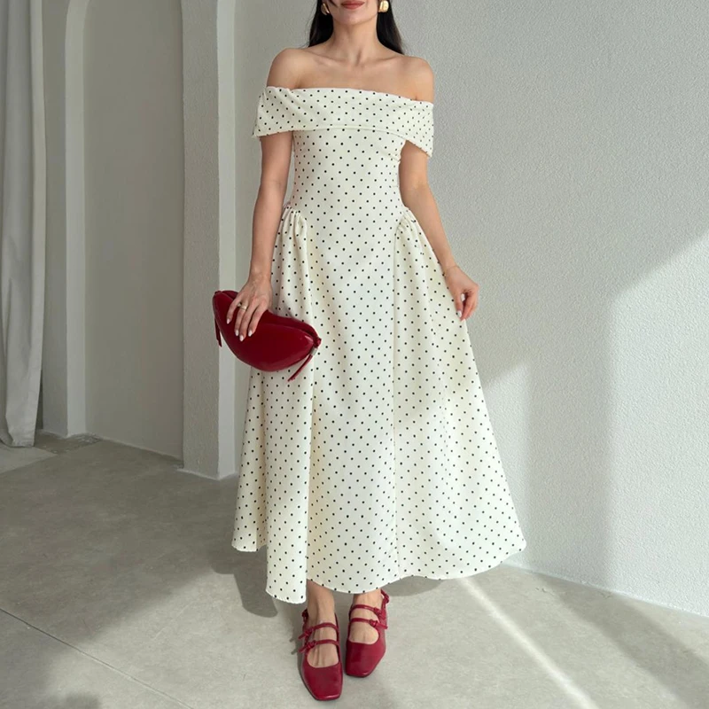 Sexy Off Shoulder Summer Evening Dress 2026 Fashion Polka Dot Print Hight Waist Long Dress Spring Casual Short Sleeve Lady Dress