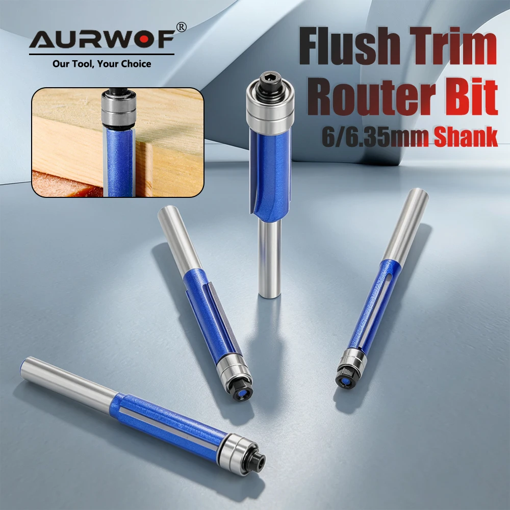 AURWOF 1pc 6mm&1/4 Shank Double Bearing Flush Trim Router Bit,1/4 5/16 3/8 1/2 Inch Carbide Wood Template Milling Cutter 30mm