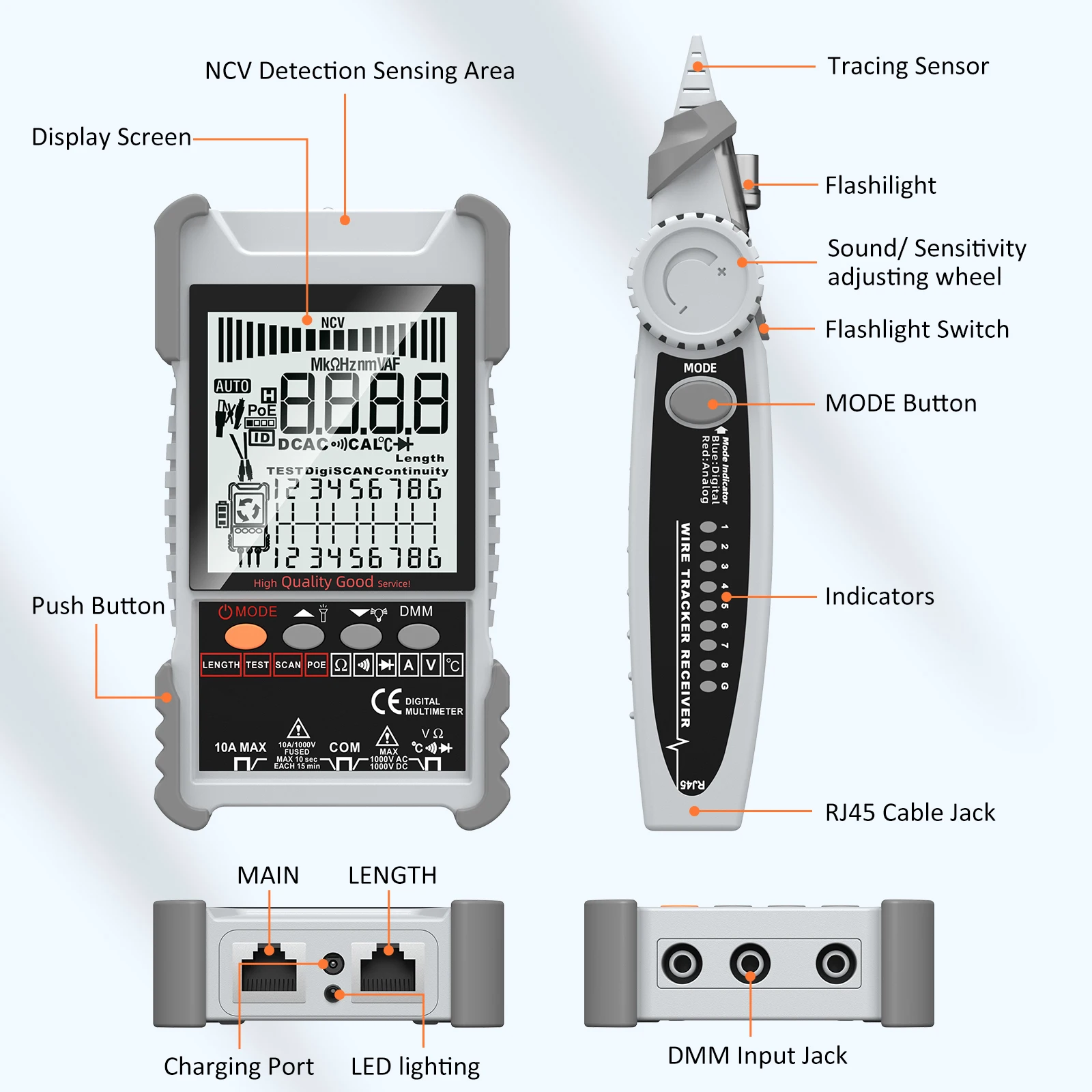 Testeur de câble réseau intelligent LCD et multimètre numérique, testeur de câble Ethernet multifonctionnel, testeur de tension PoE, port flash