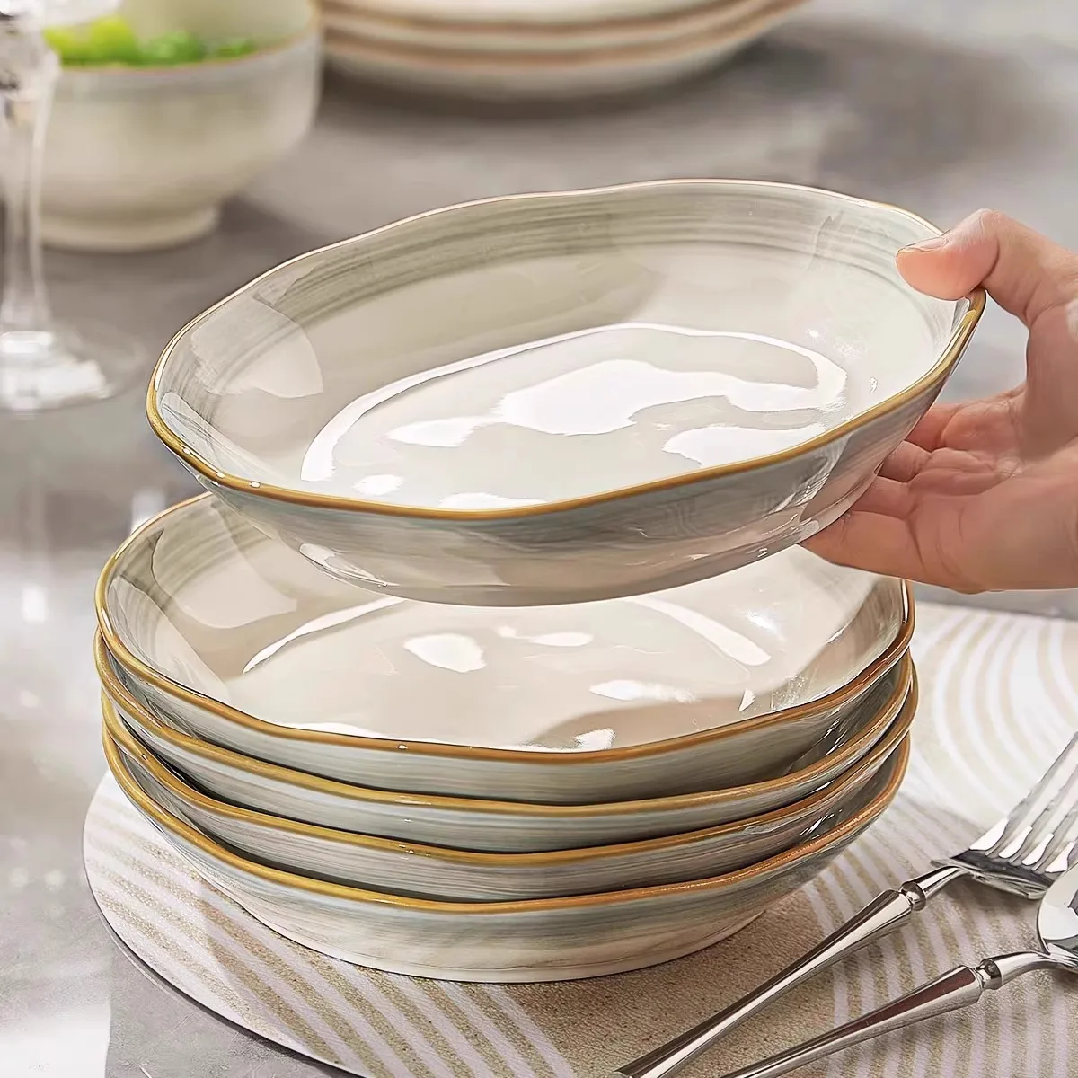 Western Style Deep Plates Household Color Blocked Ceramic Dinning Disc Light Luxury Versatile Soup Plates Minimalist Tableware
