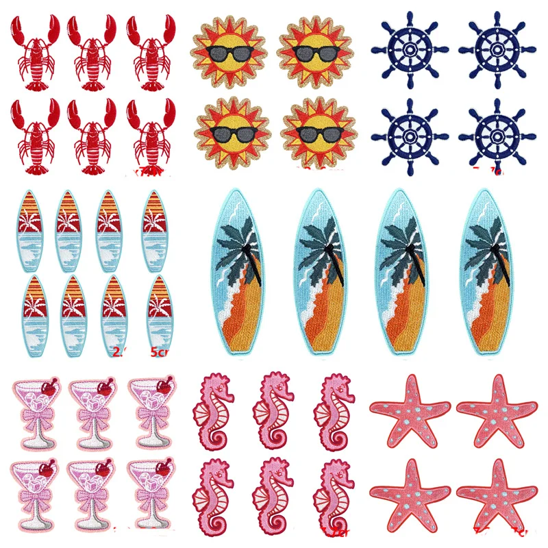 Wholesale 10PCS Summer Beach Surf Embroidered Patches On Clothes Cartoon Seahorse Starfish Patch Iron On Patches For Clothing