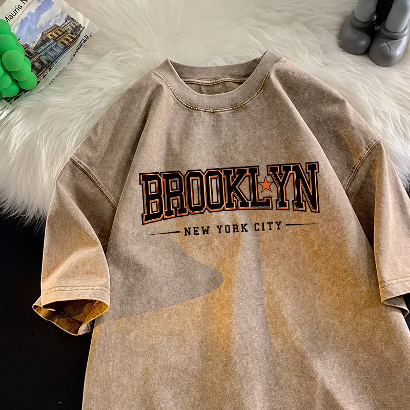 Brooklyn New York City T-shirt Men Black and Orange Letter Shirt Cotton Retro Washed Short Sleeve Gym Sports T-shirts Men Tiki