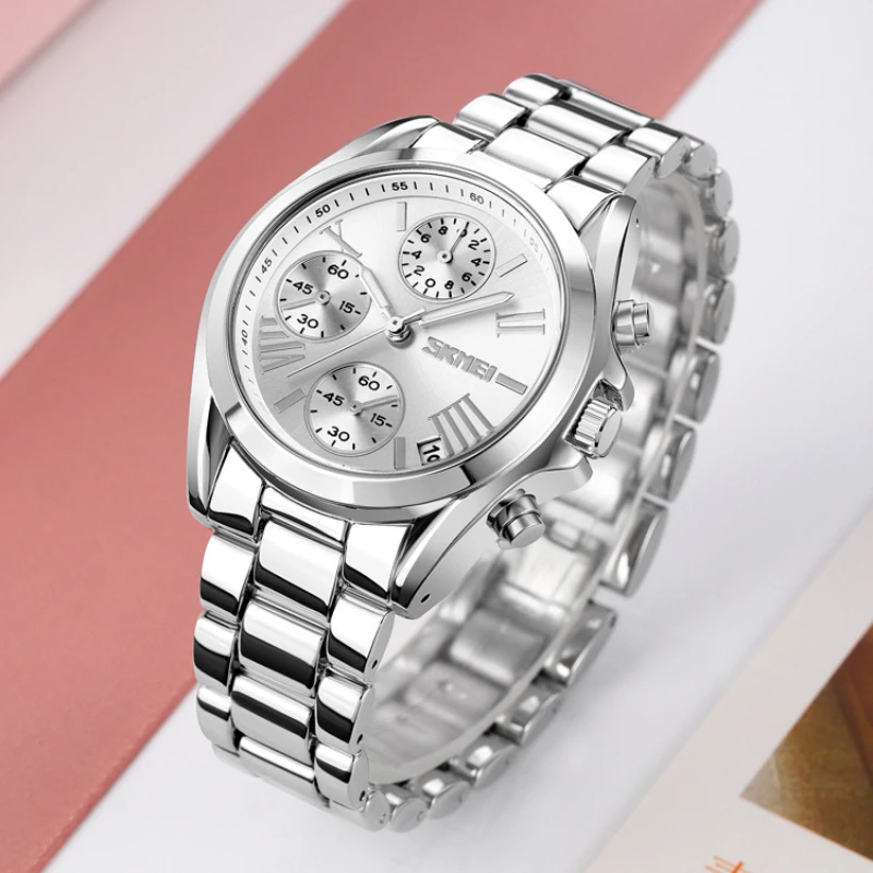 Steel band quartz watch three dial chronograph seconds women's business watch stainless steel woman watch Relogio Feminino