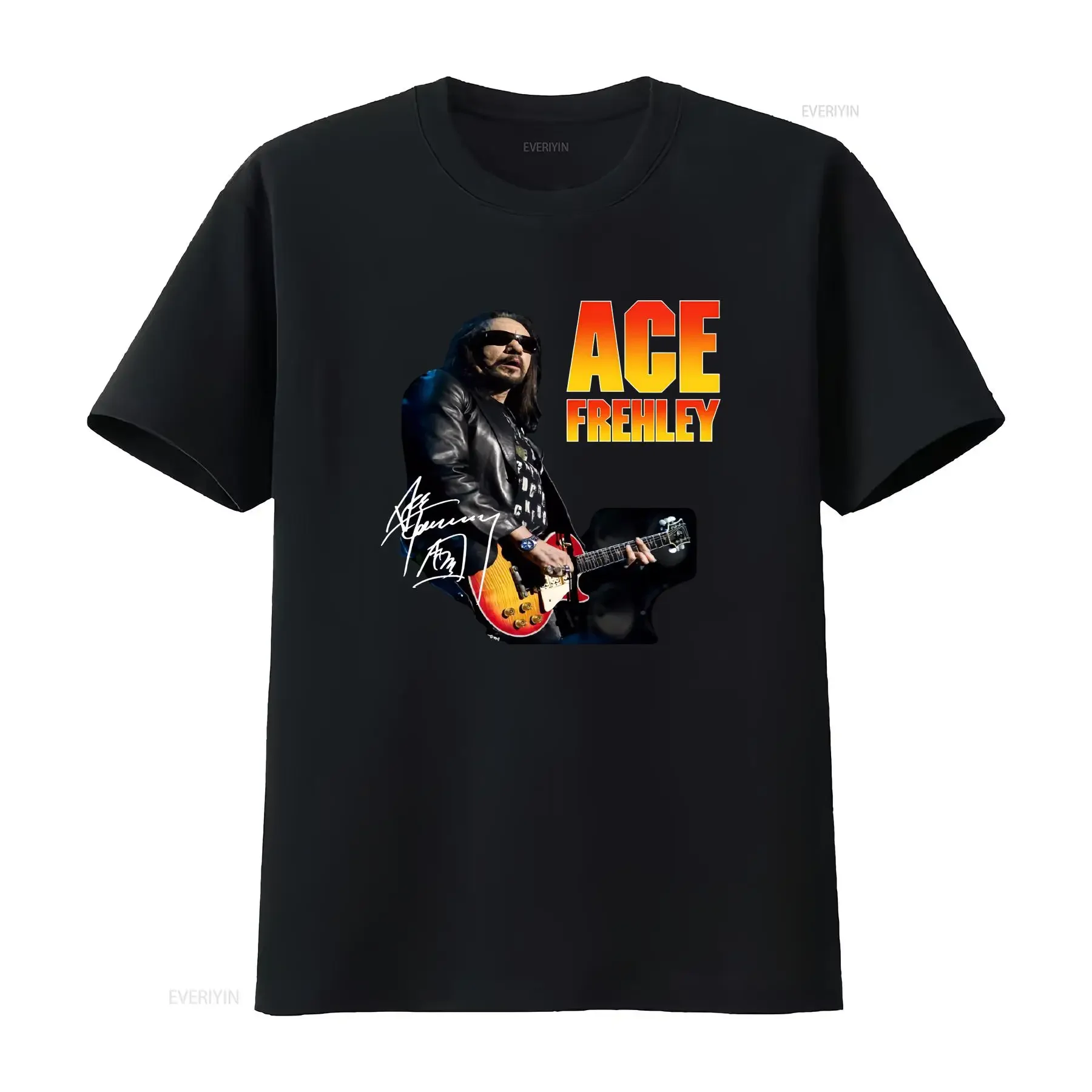 

ACE FREHLEY Signature for men Black Full Size T Shirt vintage Washed Slightly homme Stretched graphic Casual Versatile Unisex