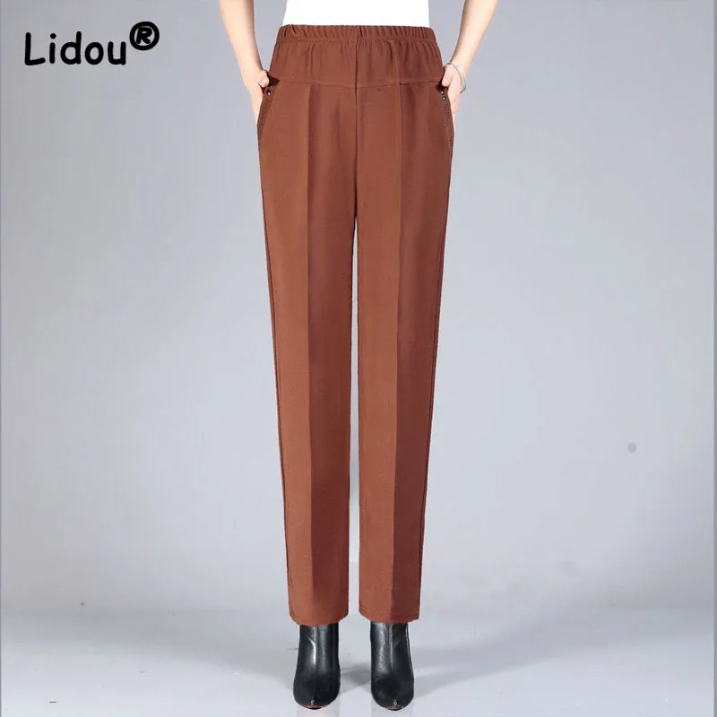 

Loose Straight Elastic Waist Ankle-length Pants Vintage Black Coffee Colour Pockets Embroidered Flares Decorate Leisure Pants