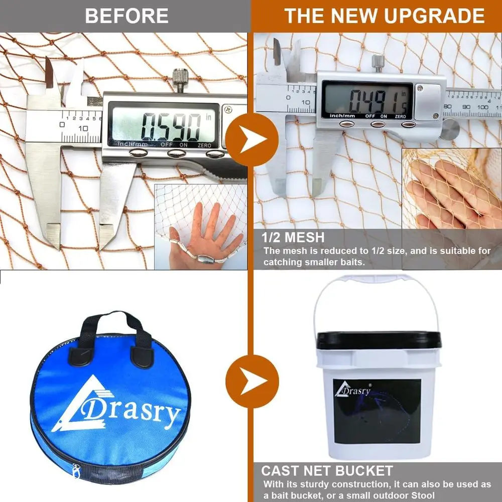 1/2 شبكة صيد الأسماك في المياه المالحة لمصيدة الطعم مع شبكة رمي السمك لغطاس الرصاص. حجم 3ft/4ft/5ft/6ft/7ft/8ft/9ft نصف القطر للمياه العذبة #3