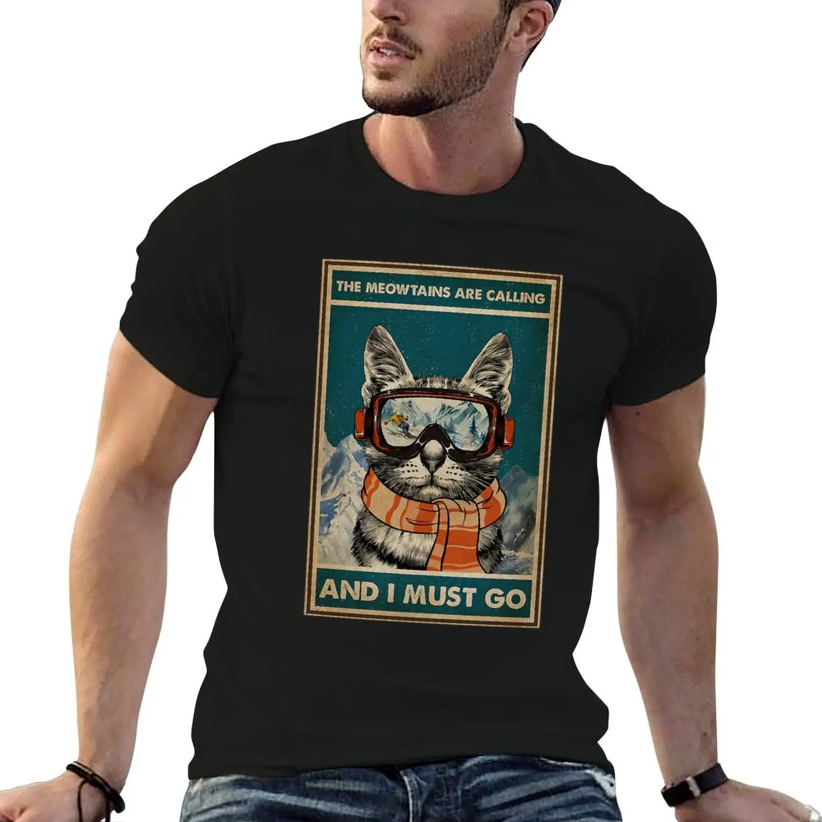 

Skiing The meowtains are calling and i must go Cat T-Shirt t shirt men 100% cotton luxury brand anime t shirts for man T-Shirt