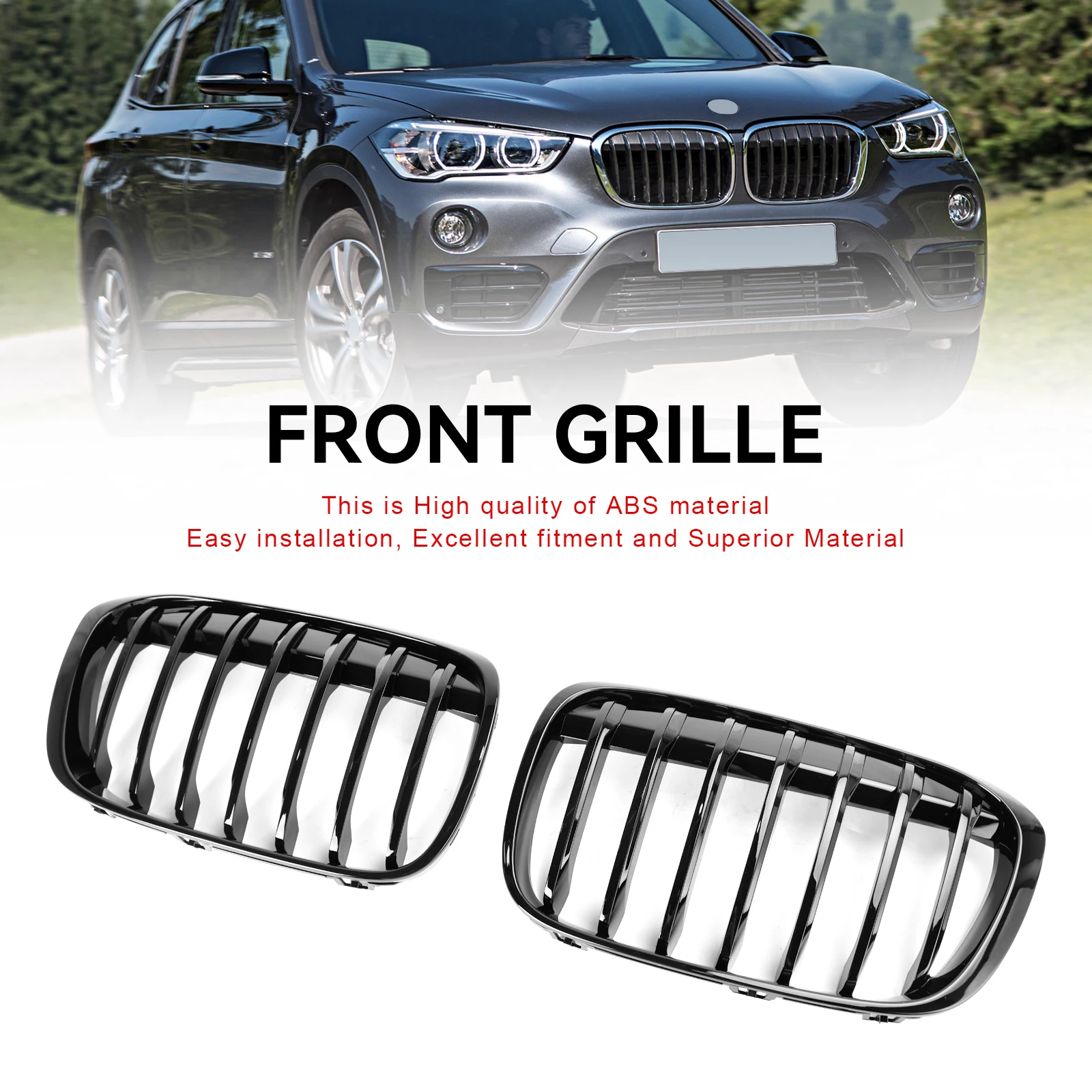 Artudatech 2 pezzi griglia per rene anteriore nera lucida adatta per BMW X1 F48 F49 2016-2018