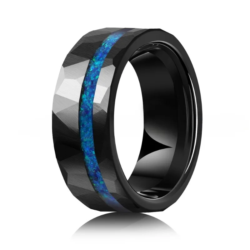 Fashion Wedding Ring Electric Black 8mm Hammered Tungsten Ring with Blue Auburn Men\'s Business Accessories Ring Jewelry