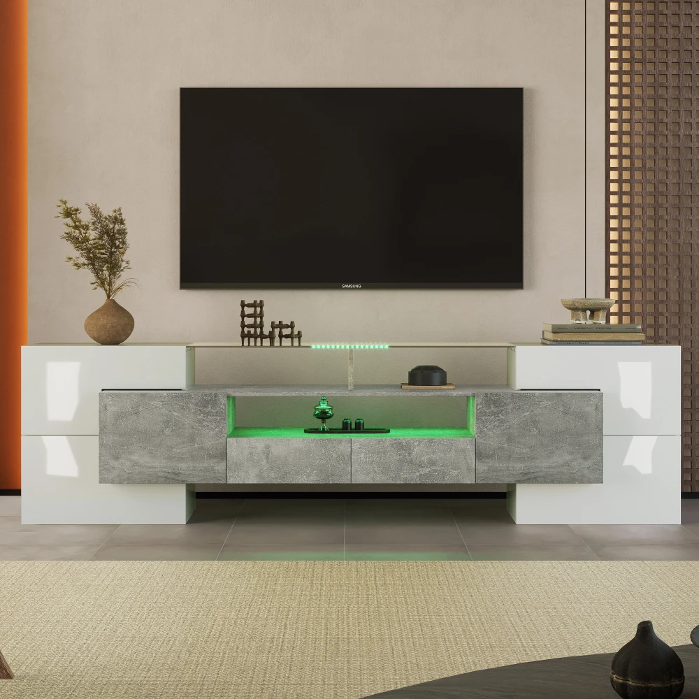 Mobile TV Moderno PINGGO 200CM, Superficie in Vetro Bianco Lucido, Illuminazione LED, Arredamento per Soggiorno