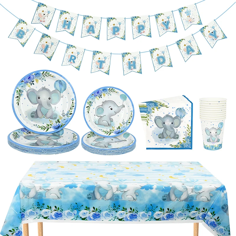 Cartoon Baby Elefant Einweg geschirr Set Papp teller Tasse Serviette Kinder Jungen Geburtstags feier Dekoration Baby party liefert – Detail 5