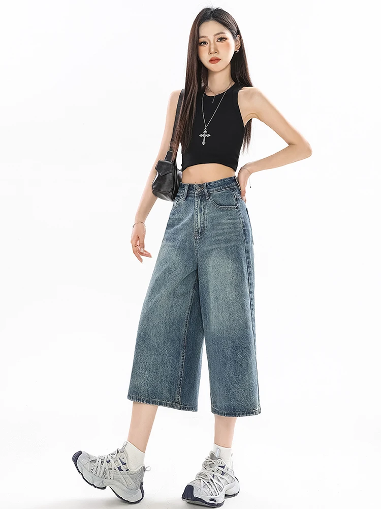 

American Retro High Waist Wide Leg Jeans Women's Spring Summer Loose Slimming Non-Matching Seven-Foot Pants Casual Straight L...