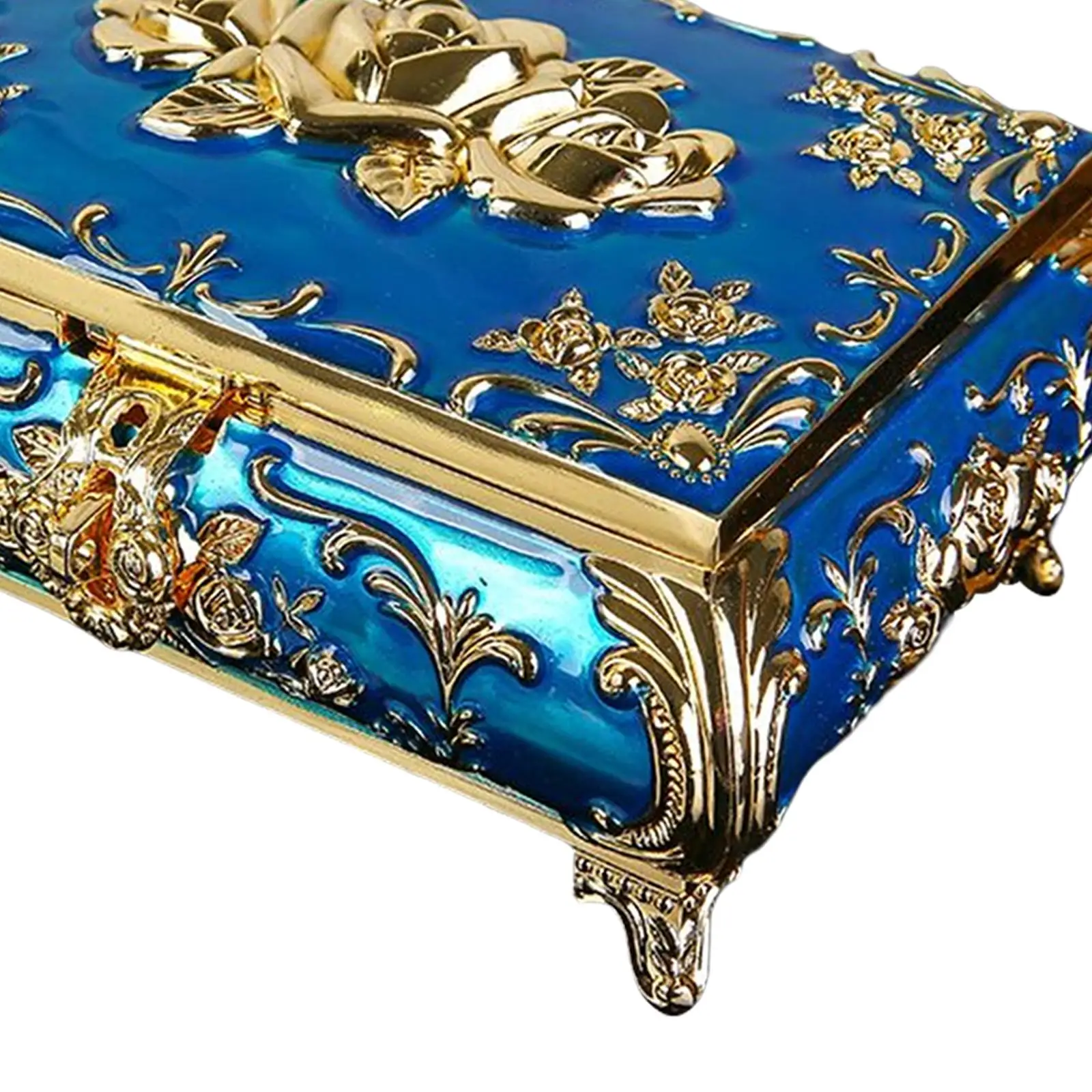 Golden Rose Engraved Trinket Box Blue Jewelry Box Keepsake for Rings, Earrings, view 6
