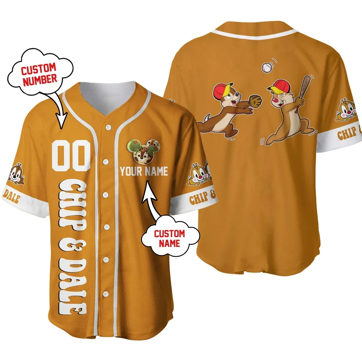 Chip and Dale Striped Brown Baseball Jersey Custom Name Disney Baseball Jersey Men Women Short Sleeve Top Fashion Shirts